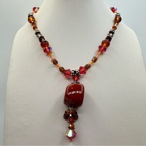 Stunning Glass Crystals Necklace with Red Jasper Pendant and Sterling Silver